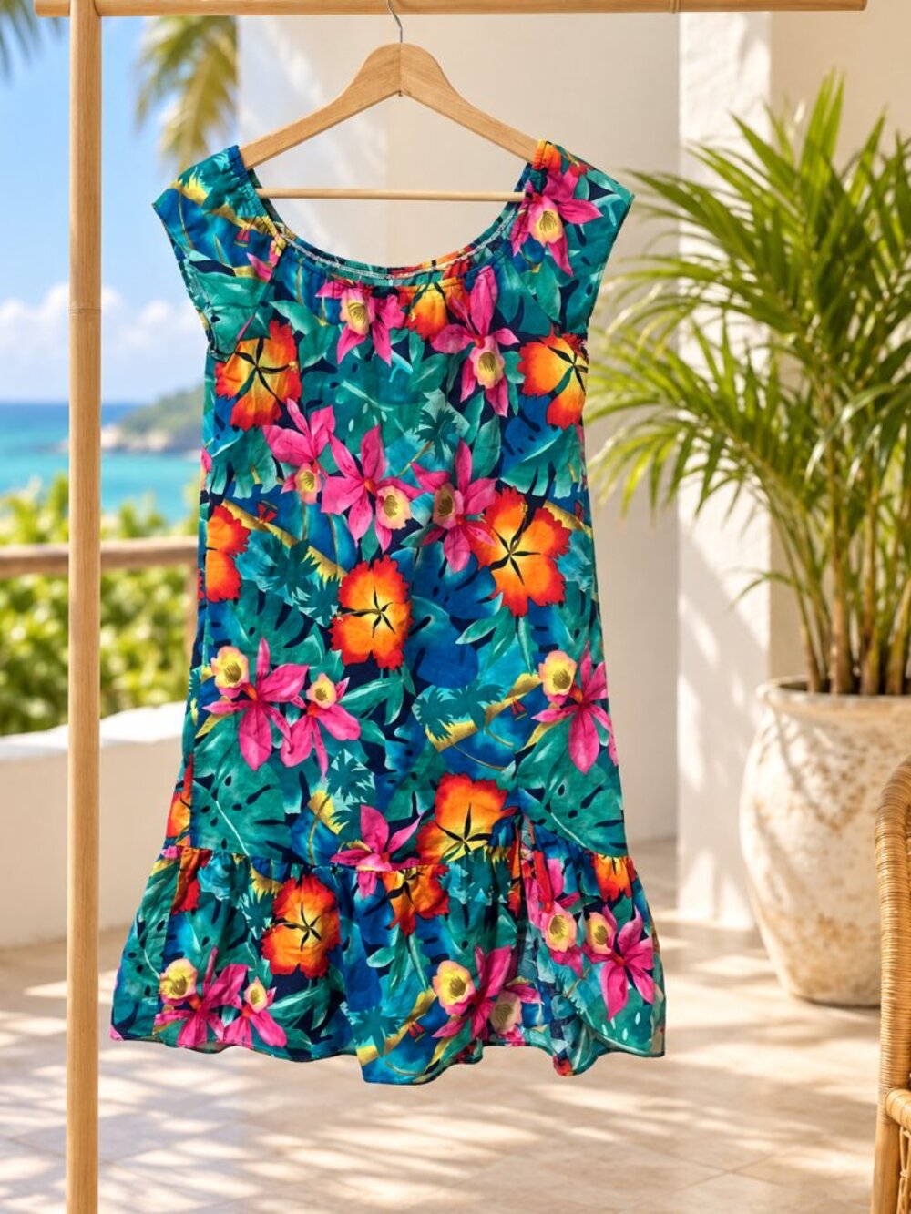 Hilo Hattie Small Tropical Floral Cotton Hawaiian Dress Ruffle Hem